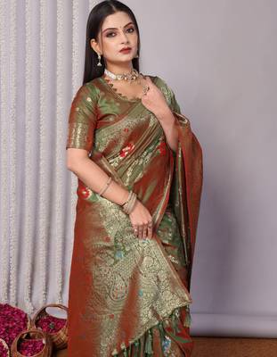 green plain silk_blend silk-blend-sarees saree with blouse 4
