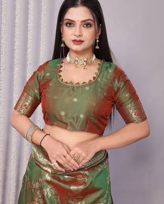 green plain silk_blend silk-blend-sarees saree with blouse 5