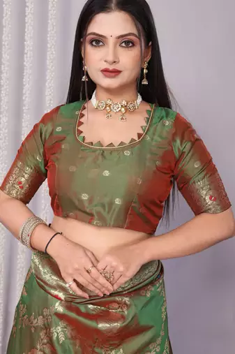 green plain silk_blend silk-blend-sarees saree with blouse