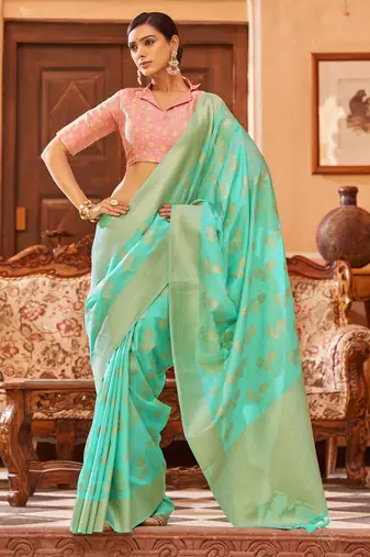 green plain silk_blend silk-blend-sarees saree with blouse