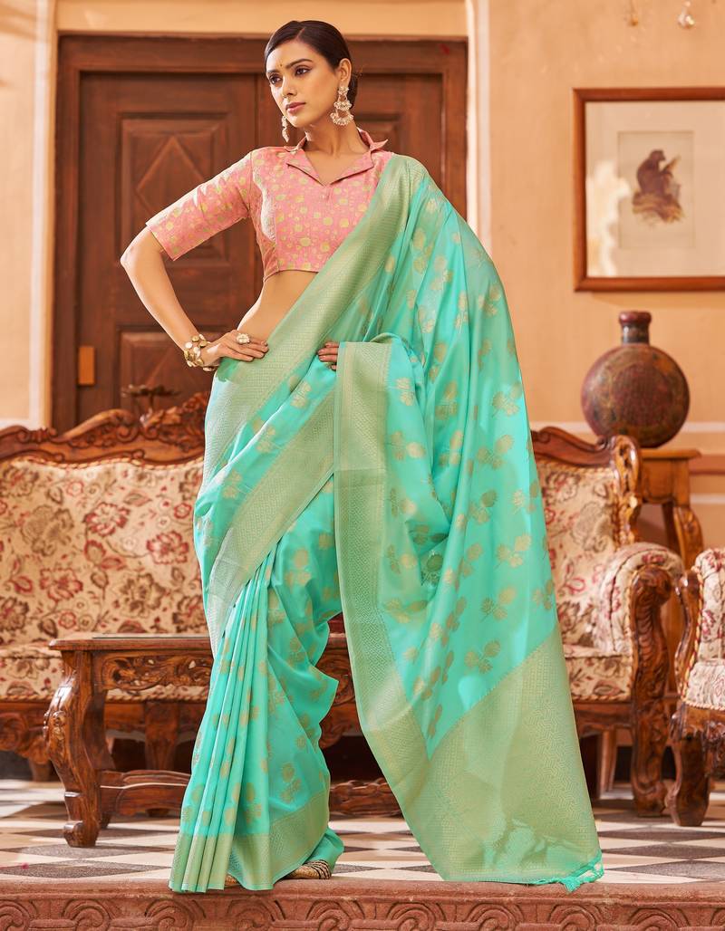 green plain silk_blend silk-blend-sarees saree with blouse