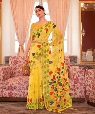 Yellow plain cotton cotton-sarees saree with blouse 1
