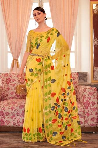 Yellow plain cotton cotton-sarees saree with blouse
