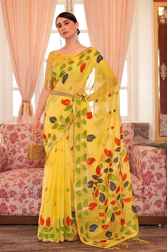 Yellow plain cotton cotton-sarees saree with blouse