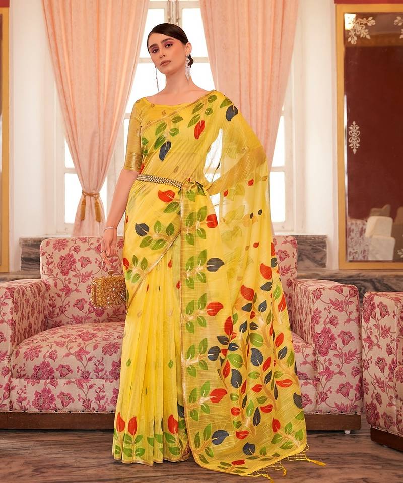 Yellow plain cotton cotton-sarees saree with blouse