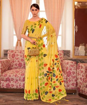 Yellow plain cotton cotton-sarees saree with blouse 2