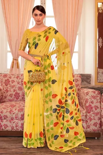 Yellow plain cotton cotton-sarees saree with blouse