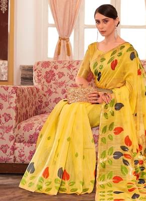 Yellow plain cotton cotton-sarees saree with blouse 3