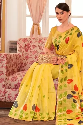 Yellow plain cotton cotton-sarees saree with blouse
