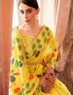 Yellow plain cotton cotton-sarees saree with blouse 4