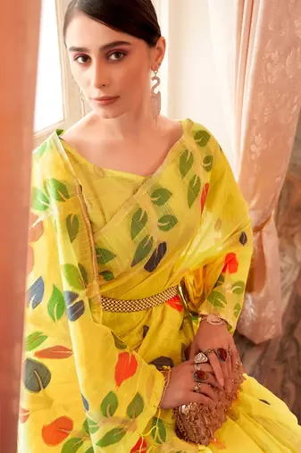 Yellow plain cotton cotton-sarees saree with blouse