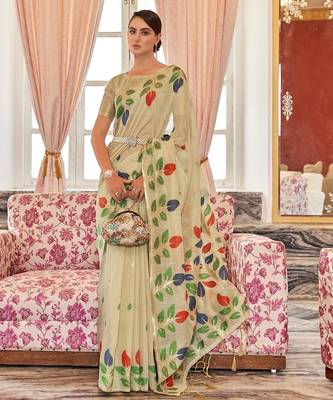 Cream plain cotton cotton-sarees saree with blouse 1