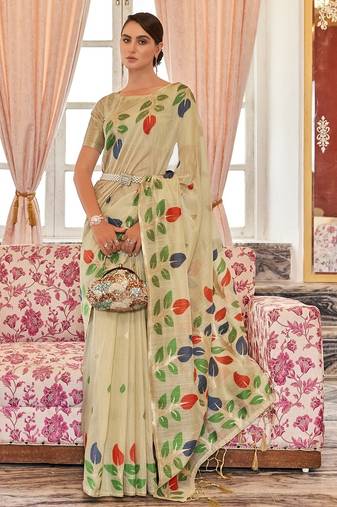 Cream plain cotton cotton-sarees saree with blouse