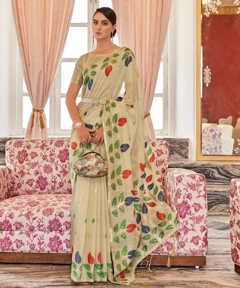 Cream plain cotton cotton-sarees saree with blouse