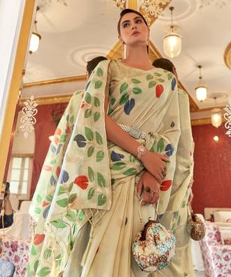Cream plain cotton cotton-sarees saree with blouse 2