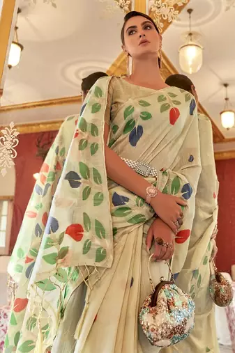 Cream plain cotton cotton-sarees saree with blouse