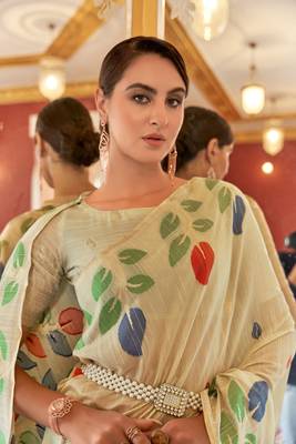 Cream plain cotton cotton-sarees saree with blouse 3