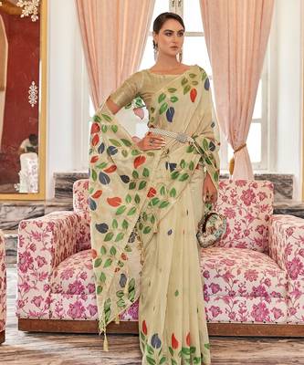 Cream plain cotton cotton-sarees saree with blouse 4