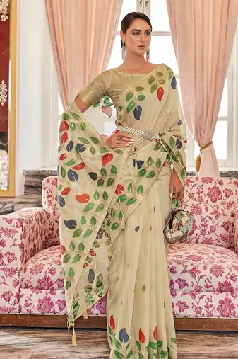Cream plain cotton cotton-sarees saree with blouse
