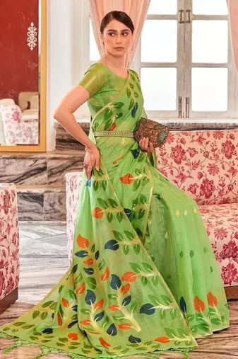 Green plain cotton cotton-sarees saree with blouse