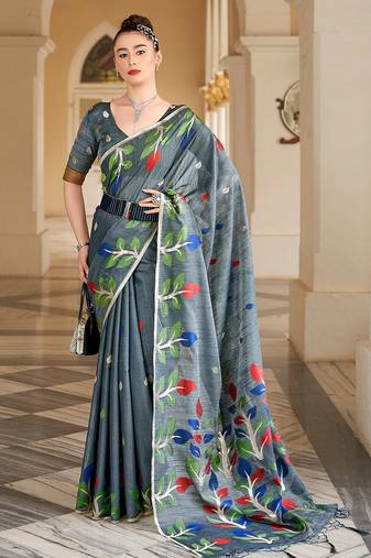 Grey plain cotton cotton-sarees saree with blouse
