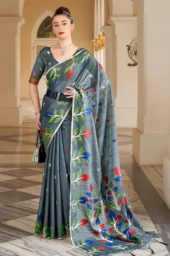 Grey plain cotton cotton-sarees saree with blouse