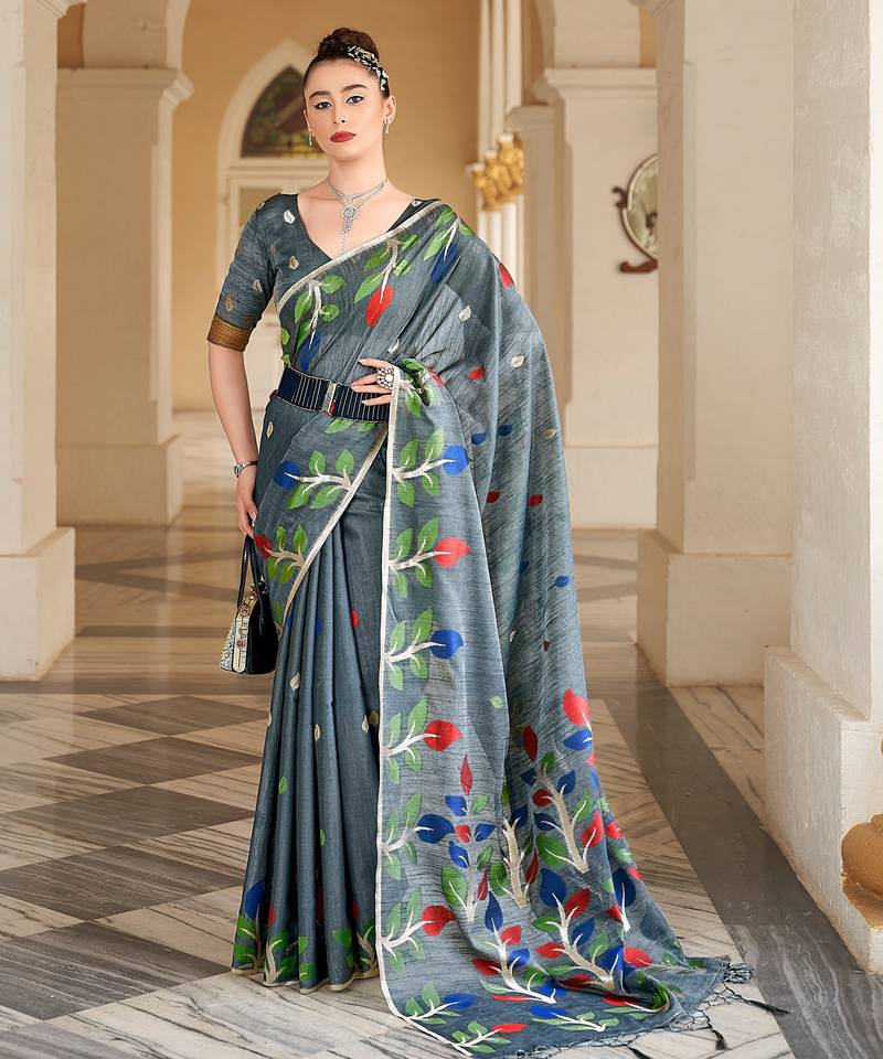 Grey plain cotton cotton-sarees saree with blouse