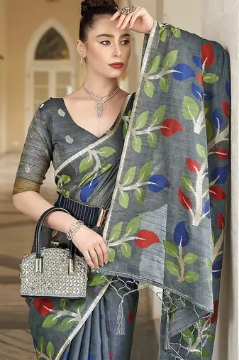 Grey plain cotton cotton-sarees saree with blouse