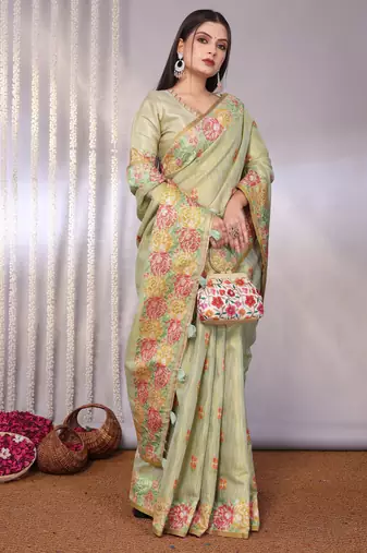Cream plain tissue tissue-sarees saree with blouse