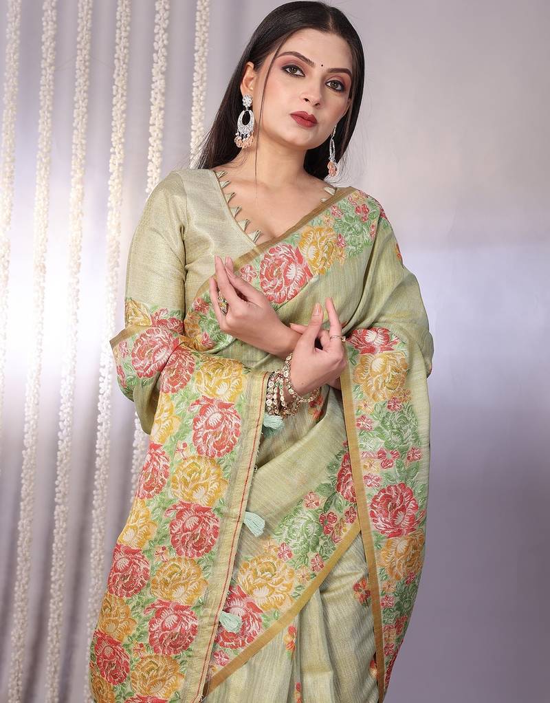 Cream plain tissue tissue-sarees saree with blouse