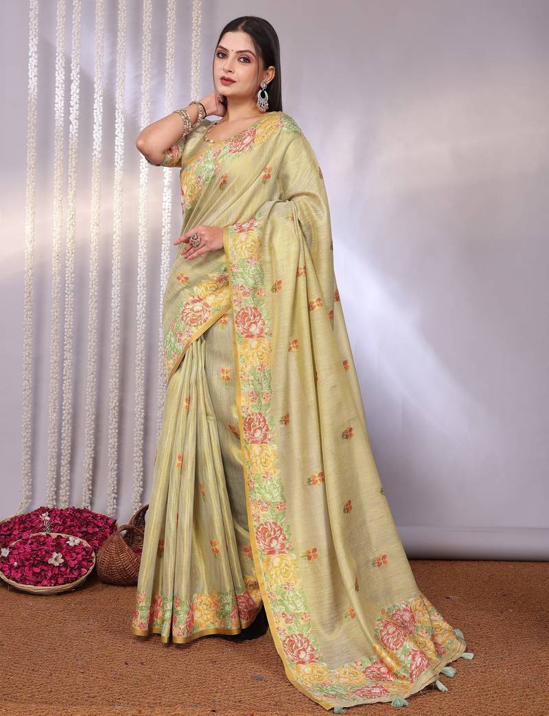 Cream plain tissue tissue-sarees saree with blouse