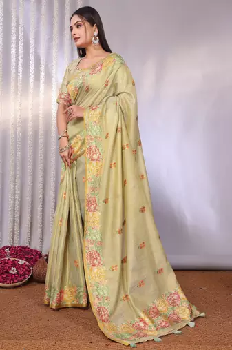 Cream plain tissue tissue-sarees saree with blouse