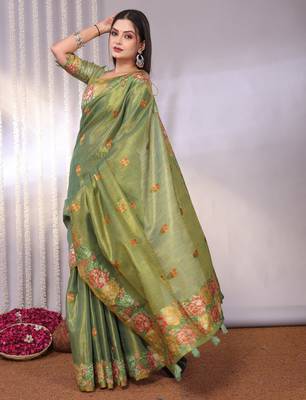 Green plain tissue tissue-sarees saree with blouse 1