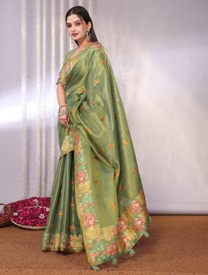 Green plain tissue tissue-sarees saree with blouse 2
