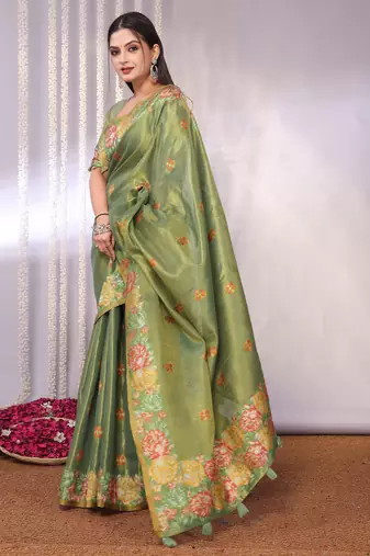 Green plain tissue tissue-sarees saree with blouse