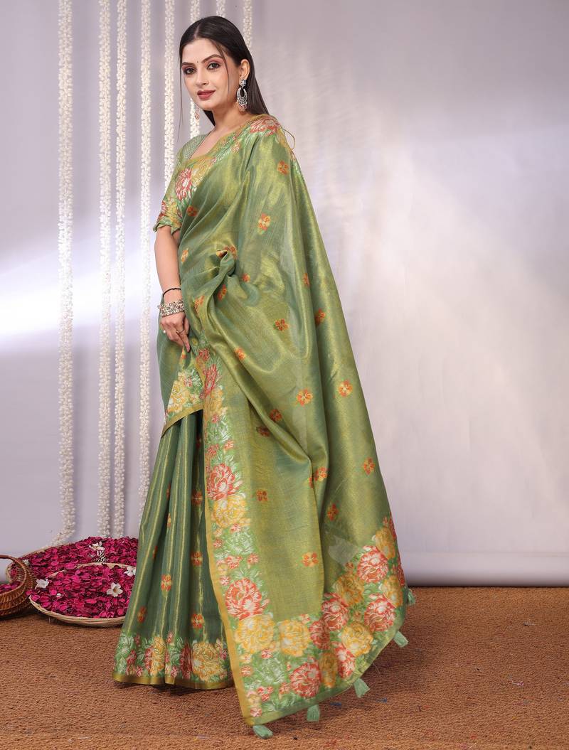 Green plain tissue tissue-sarees saree with blouse