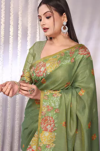 Green plain tissue tissue-sarees saree with blouse