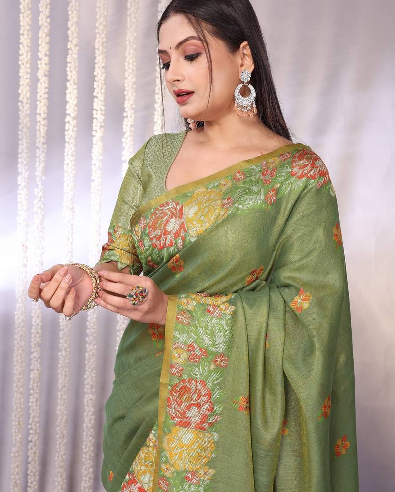 Green plain tissue tissue-sarees saree with blouse