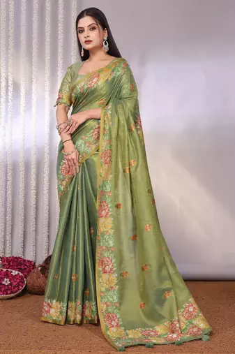 Green plain tissue tissue-sarees saree with blouse