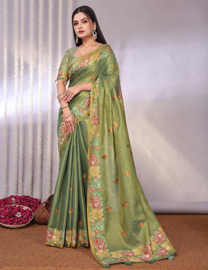 Green plain tissue tissue-sarees saree with blouse