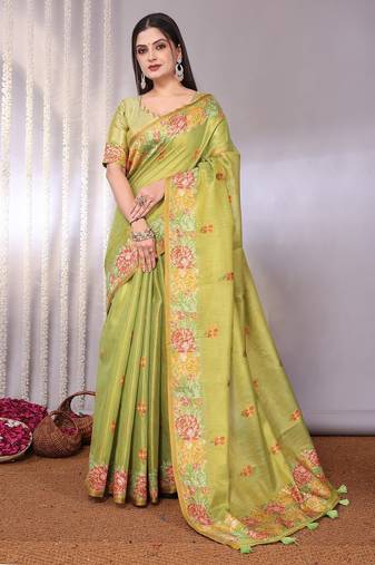 Green plain tissue tissue-sarees saree with blouse