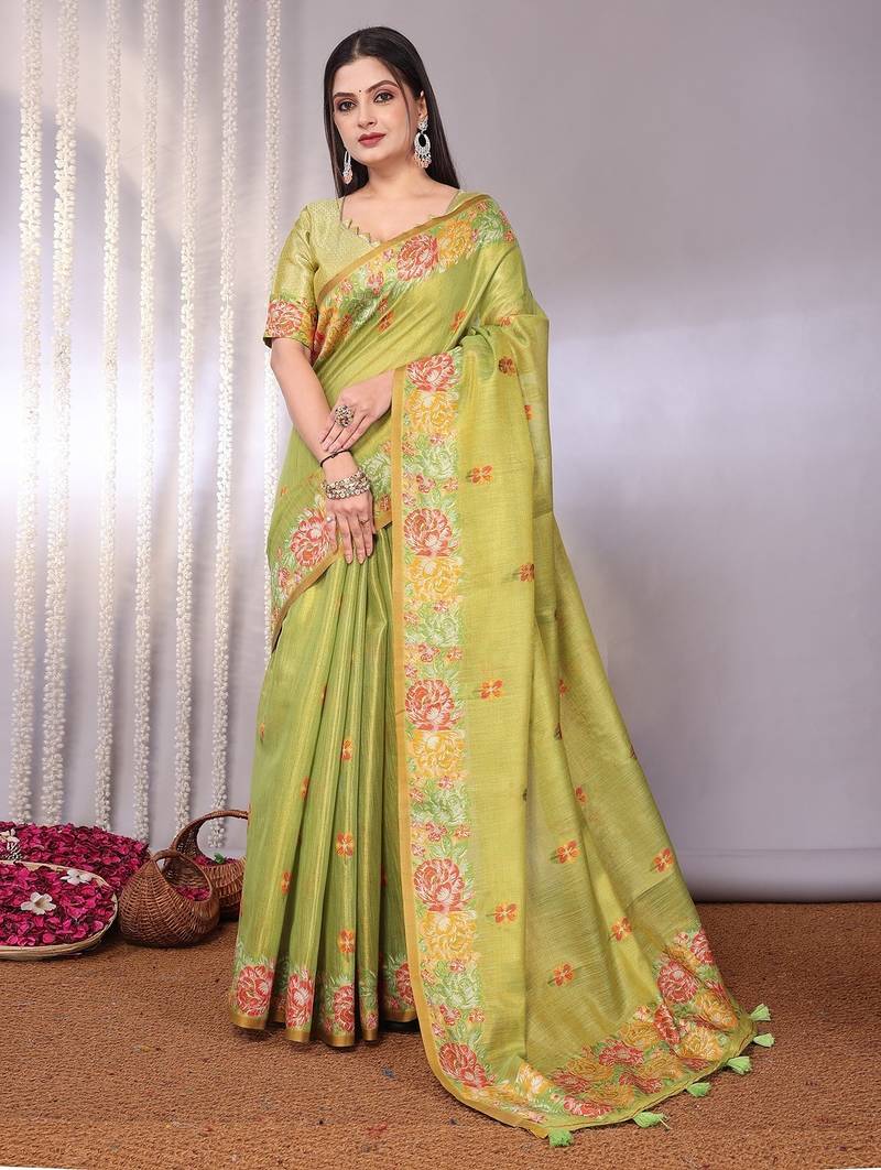 Green plain tissue tissue-sarees saree with blouse