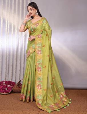 Green plain tissue tissue-sarees saree with blouse 2
