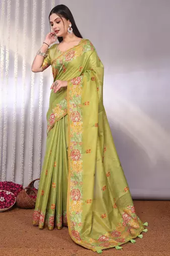 Green plain tissue tissue-sarees saree with blouse