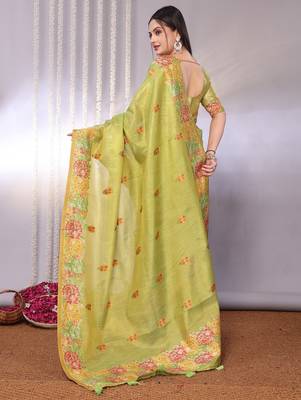 Green plain tissue tissue-sarees saree with blouse 3
