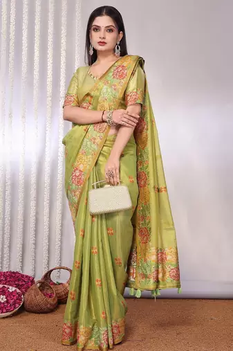 Green plain tissue tissue-sarees saree with blouse