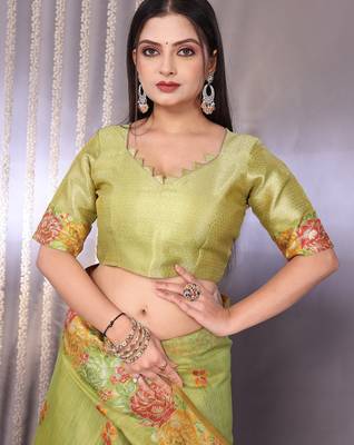 Green plain tissue tissue-sarees saree with blouse 5
