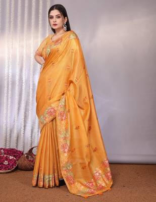 Yellow plain tissue tissue-sarees saree with blouse 1