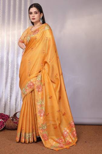 Yellow plain tissue tissue-sarees saree with blouse