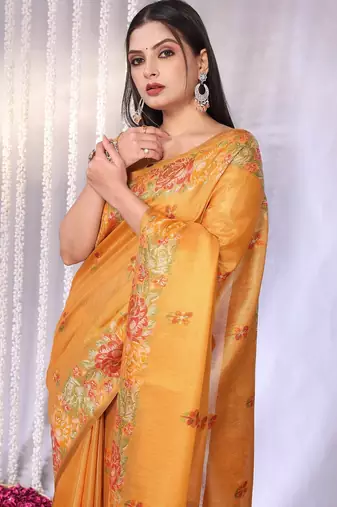 Yellow plain tissue tissue-sarees saree with blouse